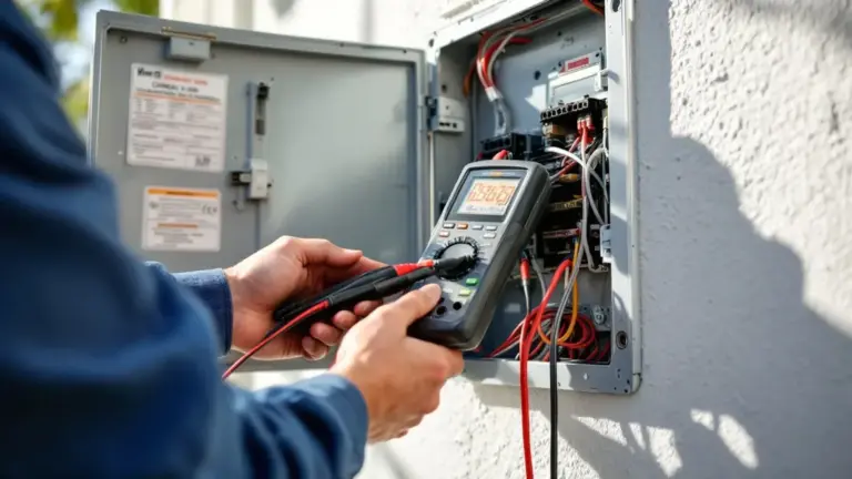 Electrician using digital multimeter to test electrical panel wiring and connections.