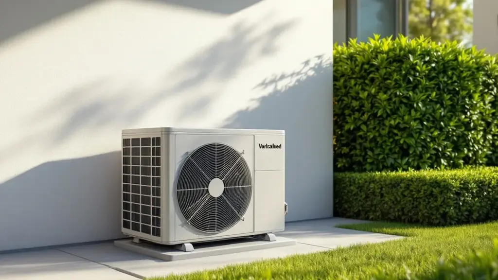 Vaillant heat pump unit installed on residential patio with modern white wall and green hedge landscaping.
