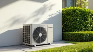 Vaillant heat pump unit installed on residential patio with modern white wall and green hedge landscaping.
