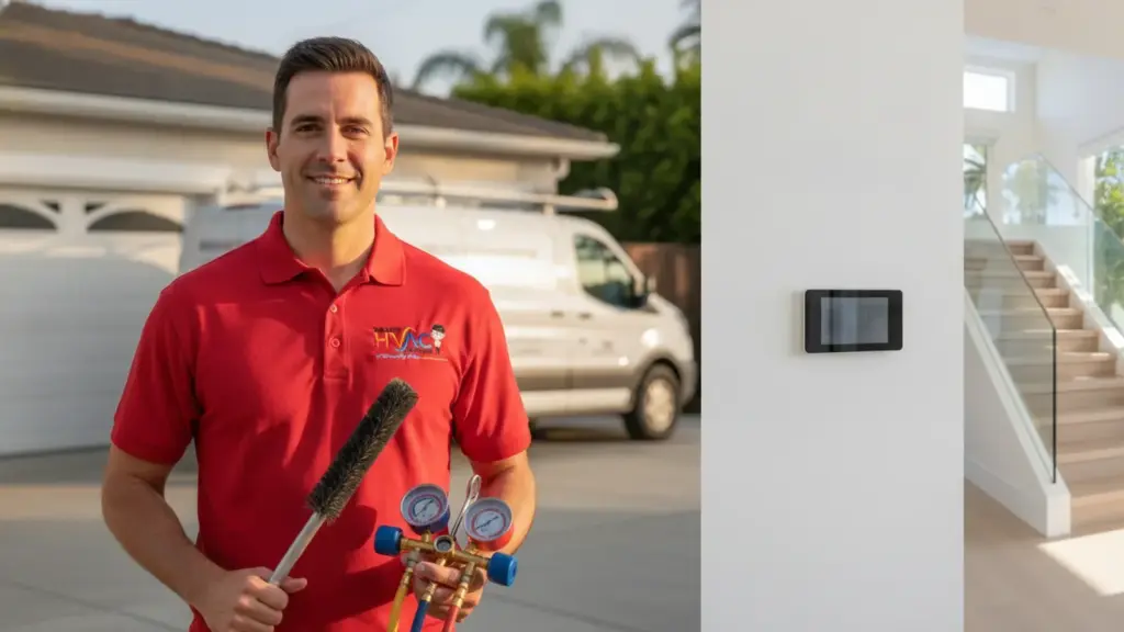 HVAC technician holding manifold gauge set in front of residential home