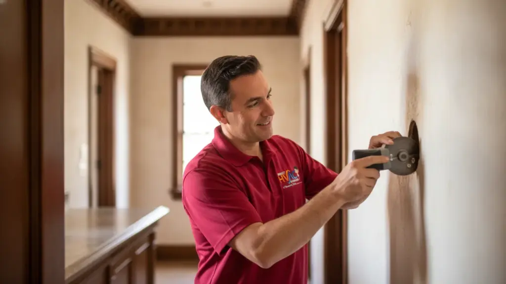 HVAC technician inspecting thermostat in residential hallway
