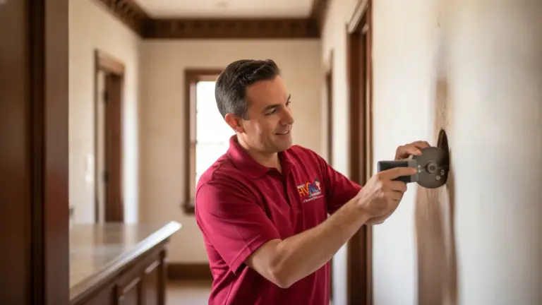 HVAC technician inspecting thermostat in residential hallway