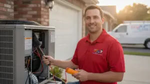 HVAC technician performing maintenance on residential air conditioning unit outdoors.