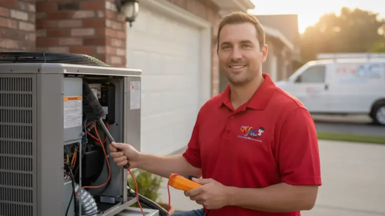 HVAC technician performing maintenance on residential air conditioning unit outdoors.