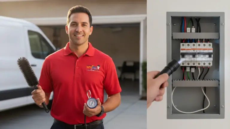 HVAC technician holds diagnostic tools in front of electrical panel and service van.