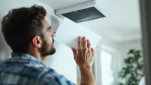 Man inspecting ceiling air vent in modern residential space