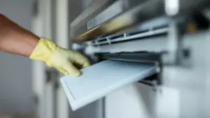 Technician in protective gloves inserting paper into office printer