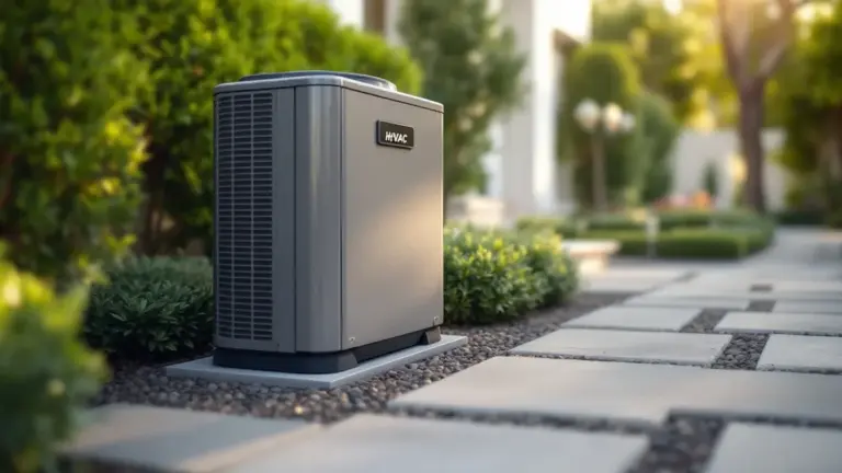 Modern HVAC outdoor unit installed in residential landscaping beside stone pathway