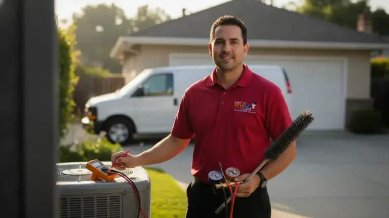 HVAC technician performing air conditioning unit maintenance and diagnostics at residential home.