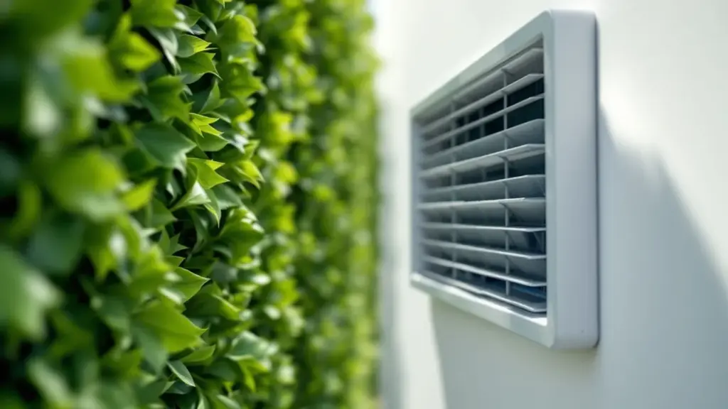 Modern ventilation vent mounted on white wall beside green climbing ivy or foliage.