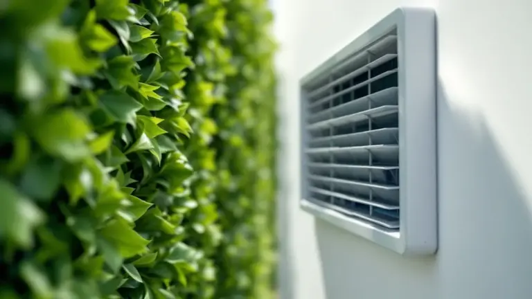 Modern ventilation vent mounted on white wall beside green climbing ivy or foliage.