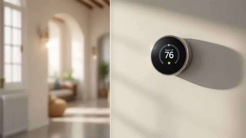 Smart thermostat displaying 76°F in a modern, minimalist home interior