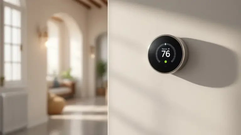 Smart thermostat displaying 76°F in a modern, minimalist home interior