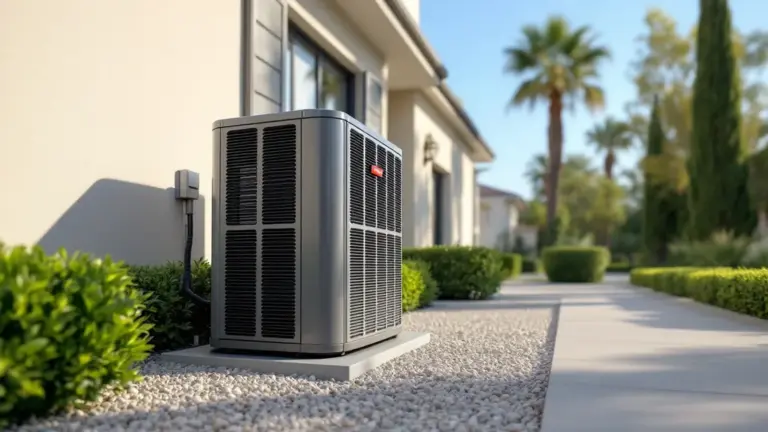 Modern heat pump unit installed outside contemporary home with landscaping.