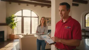 HVAC technician shows digital inspection report to homeowner in modern living room.