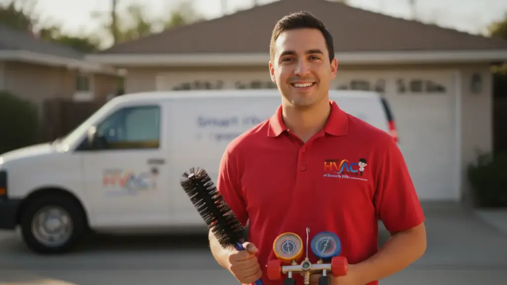 HVAC technician holds diagnostic tools with service van in background