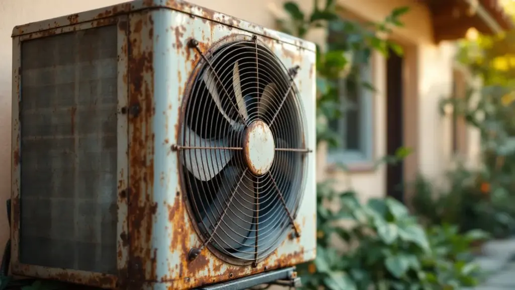Weathered outdoor HVAC unit showing rust and age with green foliage in background.