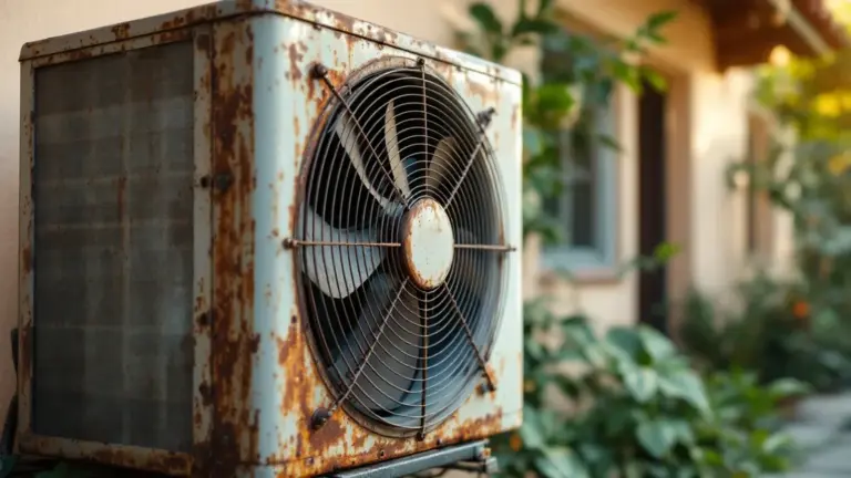 Weathered outdoor HVAC unit showing rust and age with green foliage in background.